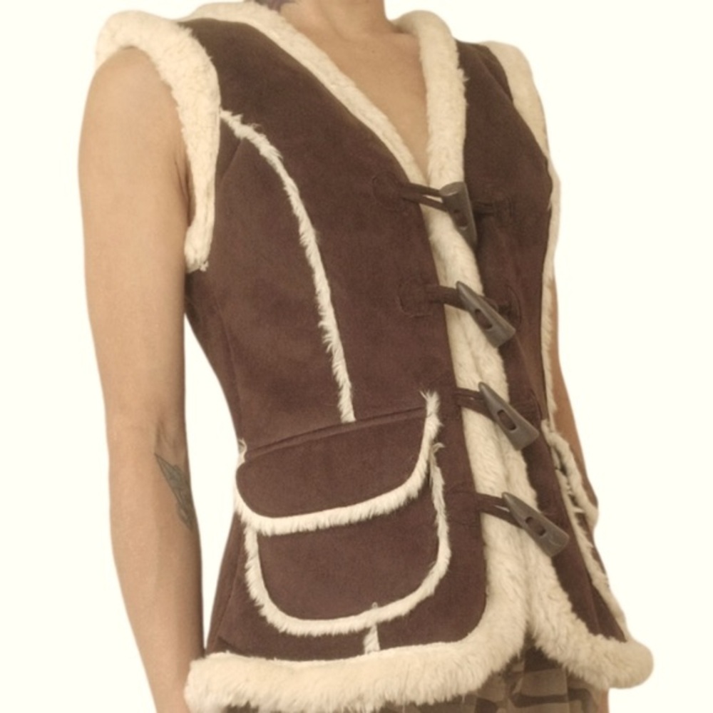 Vero moda faux suede shearling brown cream fall winter vest size small